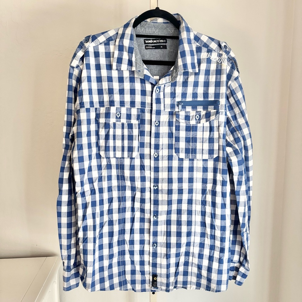 Eckō Unltd Long Sleeve Blue White Checkered Button Down Shirt Cotton, XL